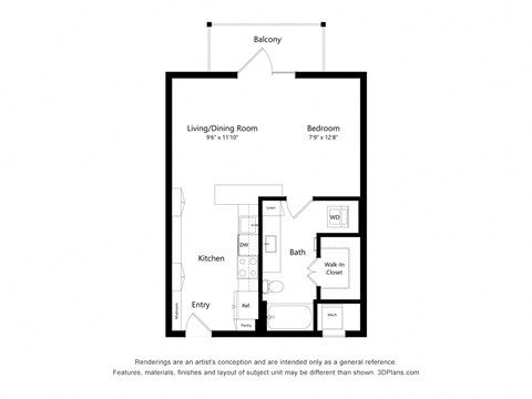 Floor plan for studio, 1 bath, 588 sqft